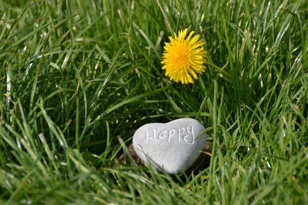 Une pierre gravée du mot Happy