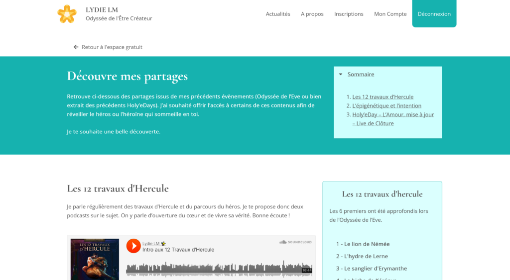 Capture écran de la section "Partages" de l'Espace Gratuit du site LydieLM