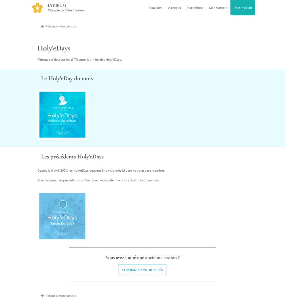 Capture écran de la page dédiée aux Holy'eDays sur l'espace membre.